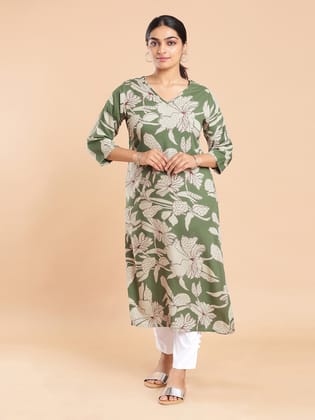 Kalyan Silks Floral Printed Olive Green Kurti Top