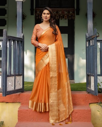 Sunset Orange Plain Chiffon Saree with Gold Zari Border, Floral Embroidered Blouse & Tassel Detailing-Regular