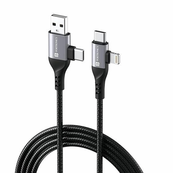 Portronics Konnect 4 IN 1 Multi Functional Charging Cable with Type C to Type C, Type C to Lightning, Supports Data Transfer, Compatible with All Android & iOs Smartphones,Tablet/Ipads & Macbook