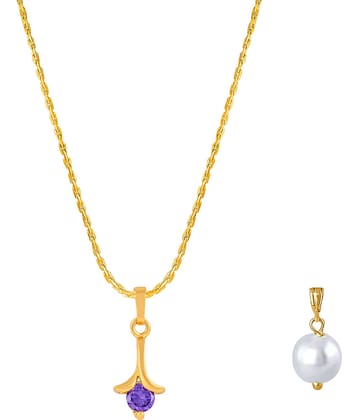 Fashion Combo of Gold Plated Cubic Zircon Purple Round Solitaire Pendant and Japanese Pearl Pendant with Chain for Women and Girls