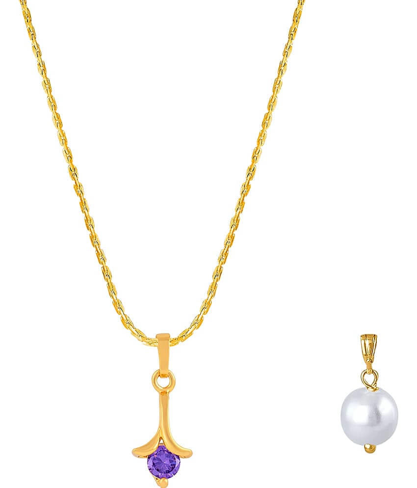 Fashion Combo of Gold Plated Cubic Zircon Purple Round Solitaire Pendant and Japanese Pearl Pendant with Chain for Women and Girls
