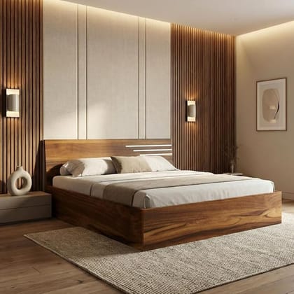 Vishwakarma Furnitures Modern Queen Size Bed (Queen Size) | Low-Profile Platform with Storage | Natural Wood Grain Finish & LED Headboard