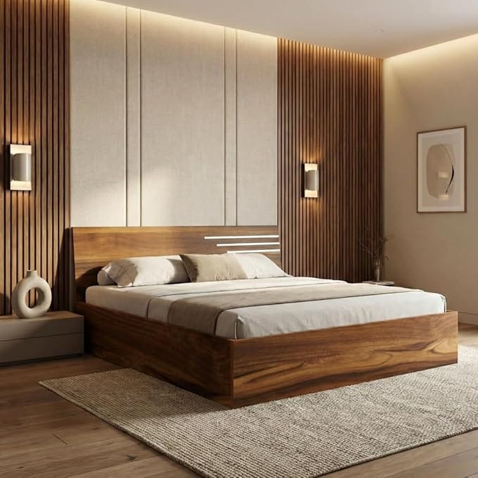 Vishwakarma Furnitures Modern Queen Size Bed (Queen Size) | Low-Profile Platform with Storage | Natural Wood Grain Finish & LED Headboard
