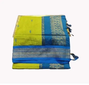 Paithani Silk Cotton Saree Lemon Green & Blue