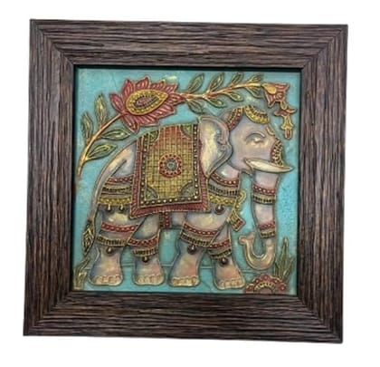 Framed Elephant Wall Art, Decorative Relief Panel, Turquoise Background, Ornate Indian Design, Wooden Frame (Blue) Size(20 * 20cm)