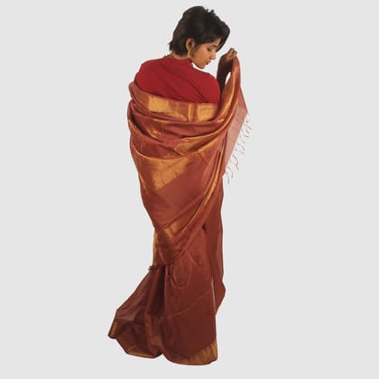 Classic Rust Red Maheshwari Silk Cotton Handloom Saree with Copper Gold Zari Border