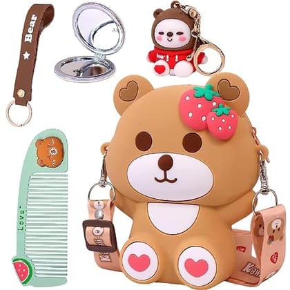 Adorable Teddy Design Sling Bag with Comb and Mirror-Beige