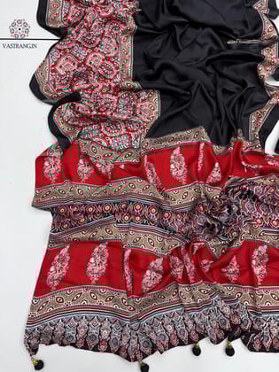 New Festive Wear Red n Black Color Pure Satin Silk Ajrak Printed Rich Pallu n Tussles Work Fancy Designer Saree