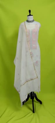 Lucknow Chikankari Dress Material in White and Ivory Mul Cotton