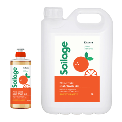 Soilage Best Organic Dishwash Liquid Gel 500ml and 5L Combo | Natural & Non-Toxic | Plant-Based with Baking Soda, Salt & Citric | Eco-Friendly Sweet Orange Fragrance | Tough on Grease, Gentle on 