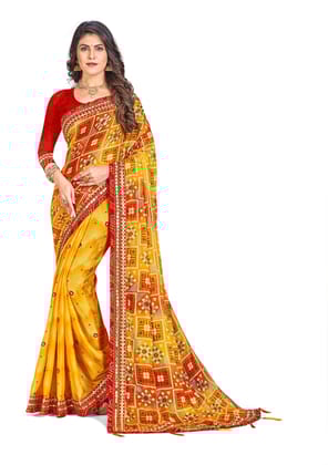 ANSH Womens Chiffon Bandhani Saree length (5.5m) & Blouse Piece Size (0.8m) (Yellow)