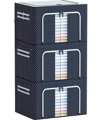 SKYVILLA 66 LTR Foldable Steel Frame Cloths Zip Organizer Bag and Oxford Fabric Storage Living Cover Boxes For Wardrobe Shelves Clothes, Sarees, Bed Sheet, Blanket (Blue Polka, 66 Ltr - Pack of 3)