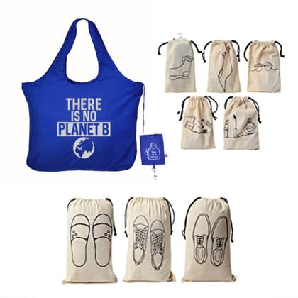 IVillage Travel Combo with 1 Foldable Microfiber Tote Bag Blue 5 Cotton Travel Pouches and 3 Shoe Cover For Travel Storage Pack Of 9