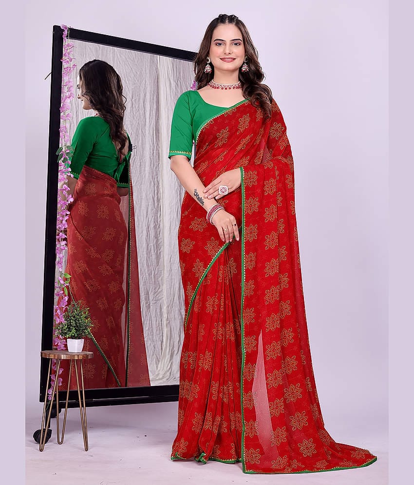 Kanooda Prints Georgette Printed Bandhani Sarees With Unstitched Blouse Piece ( Multicolor 1 )
