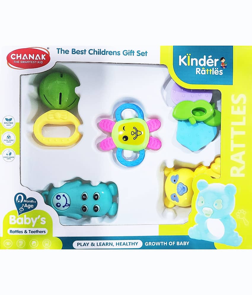 Fratelli Colorful Teether Rattle Toy for New Born, Perfect Gift for New Born Babies-Made in India (ISI Quality Approved) Non Toxic 6 PCS Rattle Gift Box Packing