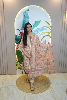 Beige Colour Floral design Chikankari & Sequence Work Straight Kurta Set with Pant & Dupatta-M / Beige