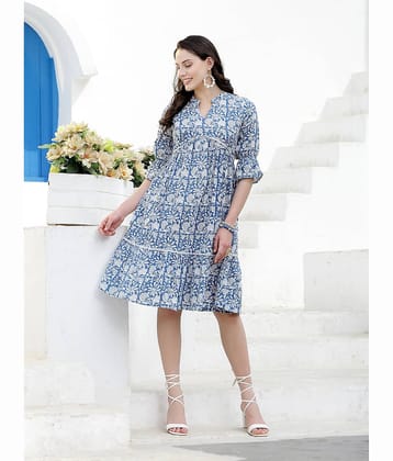 Stylum Women Cotton Printed Fit & Flare Dress ( Blue )