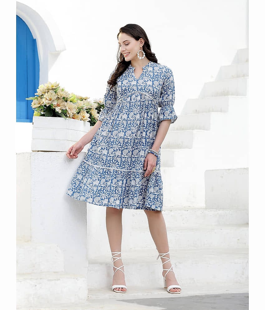 Stylum Women Cotton Printed Fit & Flare Dress ( Blue )