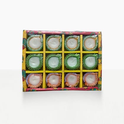Traditional Wax Diyas, Multicolor, Clay, Set Of 12