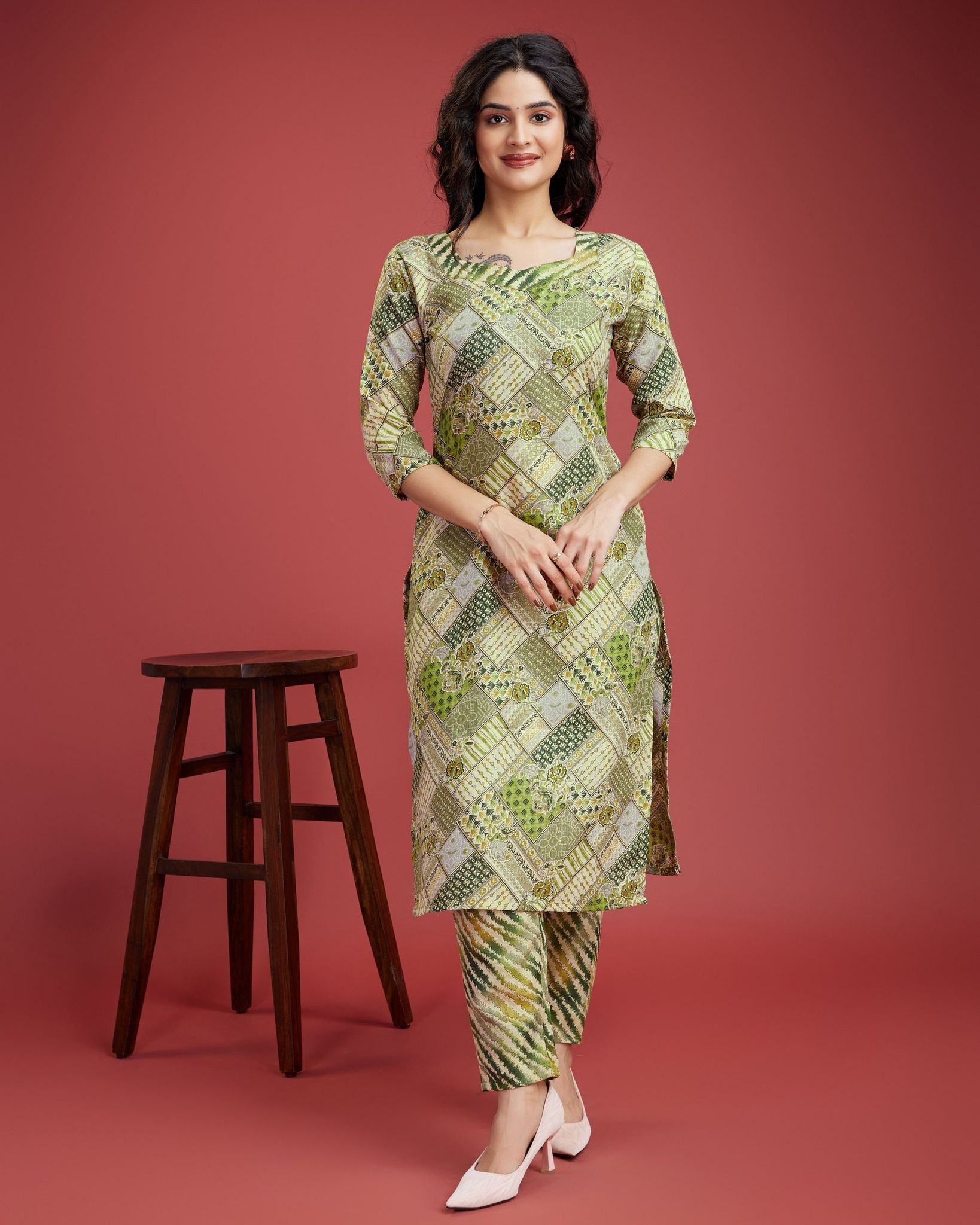 Green printed kurta three piece set-XS-34