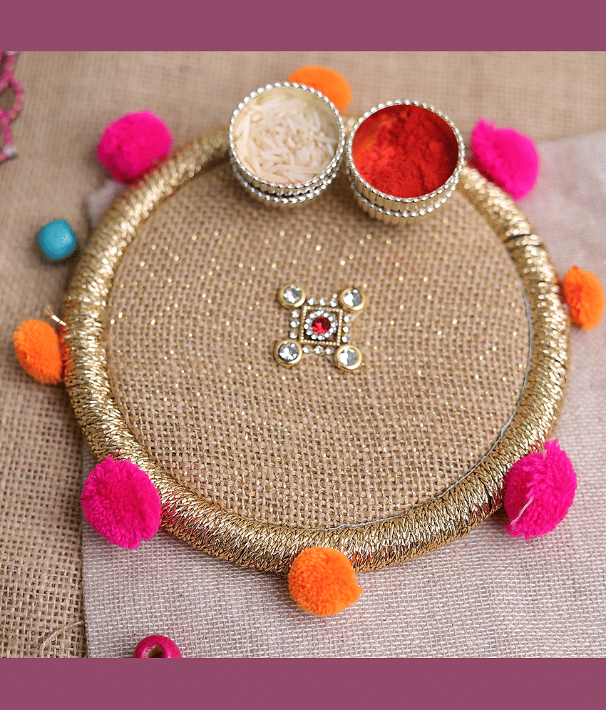 Ros - Wood Pooja Thali With Roli Chawal - 14 Cm