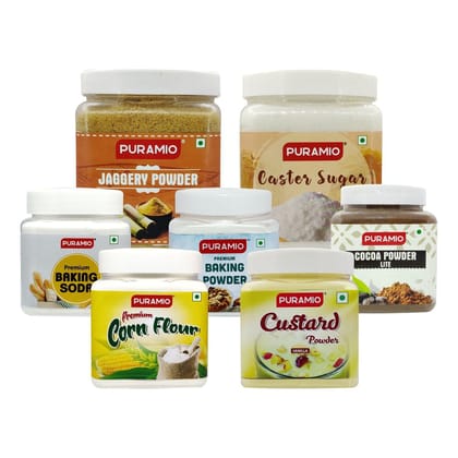 Puramio Home Essentials, (Baking Soda, 300 gm,Baking Powder, 300 gm,Corn Flour, 350 gm,Cocoa Powder Light, 250 gm,Jaggery Powder, 800 gm,Caster Sugar, 1 Kg,Custard Powder-Vanilla, 250 gm), Pack of 7