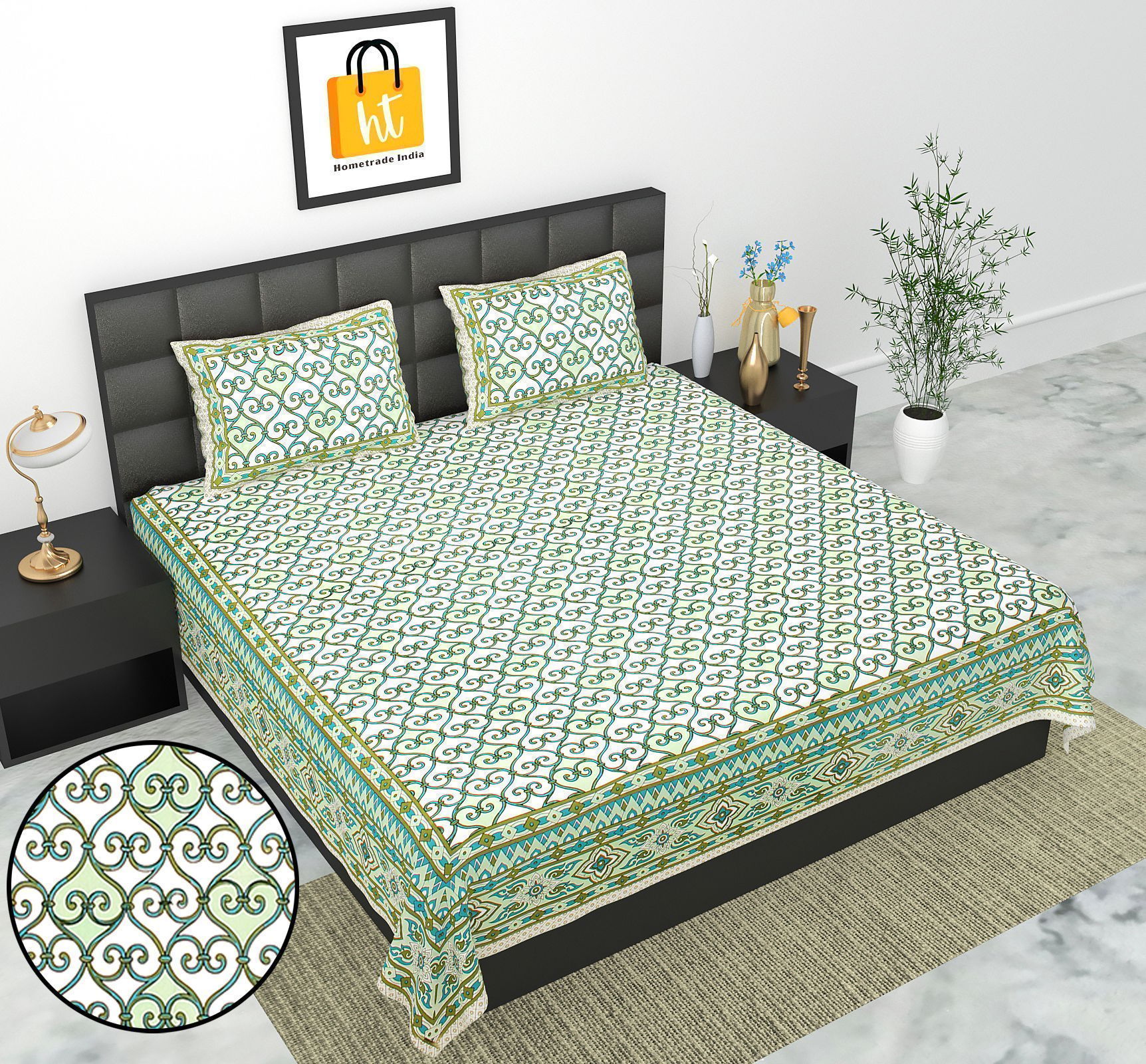3001-Hometrade India-Standard King Size (90*108 Inches) Double Bedsheet With 2 Pillow Cover-RJ-14-Jaipur lining-3096