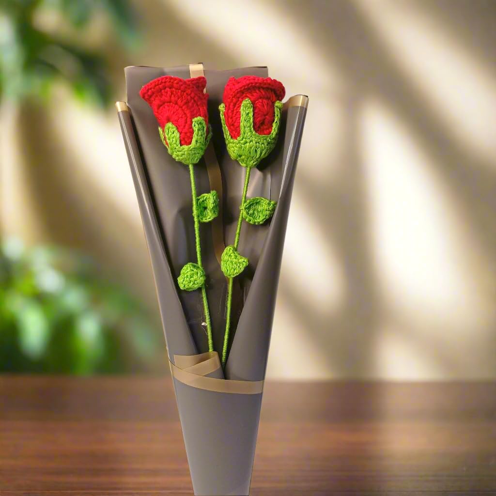 Handmade Crochet Flowers Completed Hand Woven Rose, Knitted, Bouquet Packing for Table Decoration, Home Decoration, Gifting Pack of 2