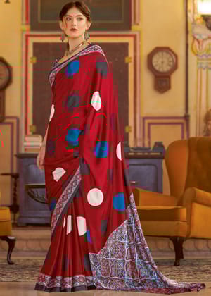 Rose Red Satin Crepe Printed Saree