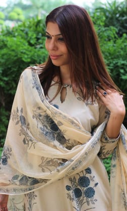 Cotton Handblock Blue Mughal Print Suit Set with Kota Doria Dupatta-XXS