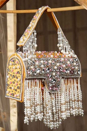 Yellow Suede Pearl Embellished Box Clutch