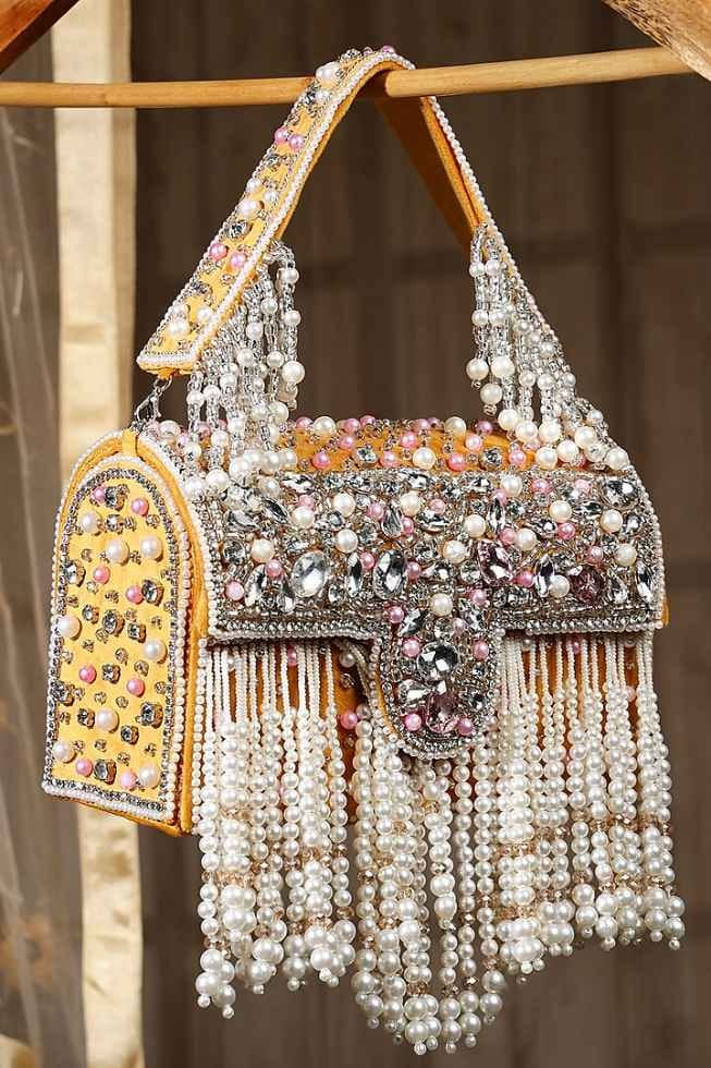 Yellow Suede Pearl Embellished Box Clutch