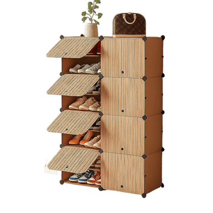 𝟏𝟔 𝐒𝐡𝐞𝐥𝐟 DIY Shoe Rack Box Organizer | Multi-Purpose Plastic Shoe Rack for Home | Home Storage Rack with Door for Entryway, Chappal Slipper Sandals Shoe Stand【Brown, 16-Shelf-8-Door】_assorted colour