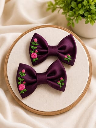 Hand-Embroidered Floral Hair Bows (Deep Purple, Set of 2) | Artisan Hair Accessories | Casual & Festive Wear Hand-Embroidered Floral Hair Bows (Deep Purple, Set of 2) | Artisan Hair Accessories | Casual & Festive Wear