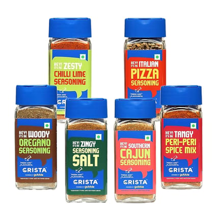 CRISTA International Seasonings Combo (Oregano Seasoning 50 gm, Pizza Seasoning 40 gm, Peri Peri Spice Mix 45 gm, Chilli Lime Seasoning 50 gm, Cajun Seasoning 45 gm & Seasoning Salt 50 gm) - Pack of 6