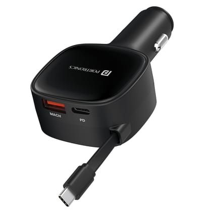 Portronics Car Power Flexo, 3-in-1 60W Car Charger with Retractable Cable (Black)