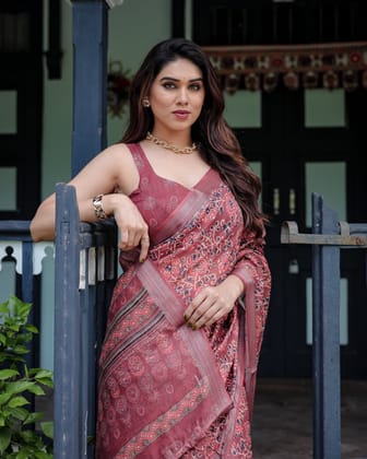 Rust Red Pure Cotton Linen Saree with Floral Block Print, Blouse, and Tassel Detailing-Regular