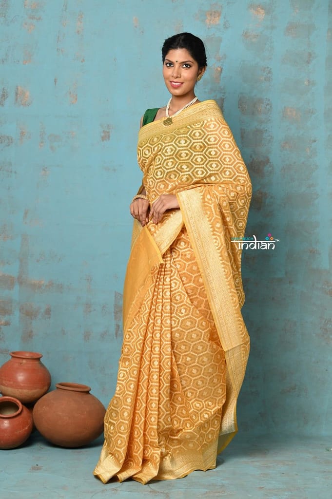 Tejaswi ~ Exclusive High Quality Handloom Banarasi Cotton Saree with Beautiful Abstract Print- Sunset Yellow - Sarees | Buy online on ZillyBuy