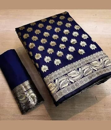 Gazal Fashions Banarasi Silk Woven Saree With Unstitched Blouse Piece ( Navy Blue )