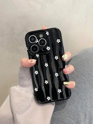 White Floral Flowers on Black Textured Soft Silicone iPhone Case-iPhone 14