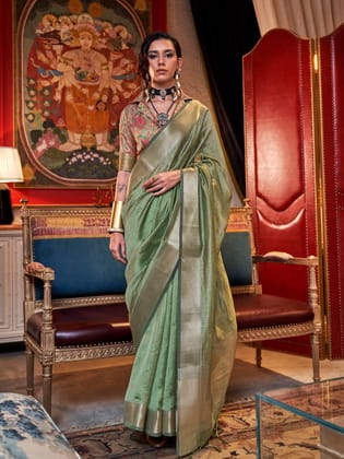 Dusty Green Pure Chiffon Zari Stripes Bollywood Saree
