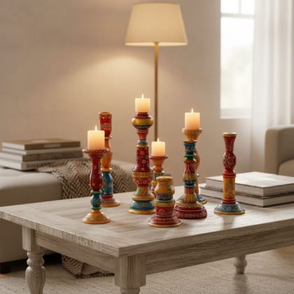 Wooden Hand Painted Brass Candle Holders Set of 9