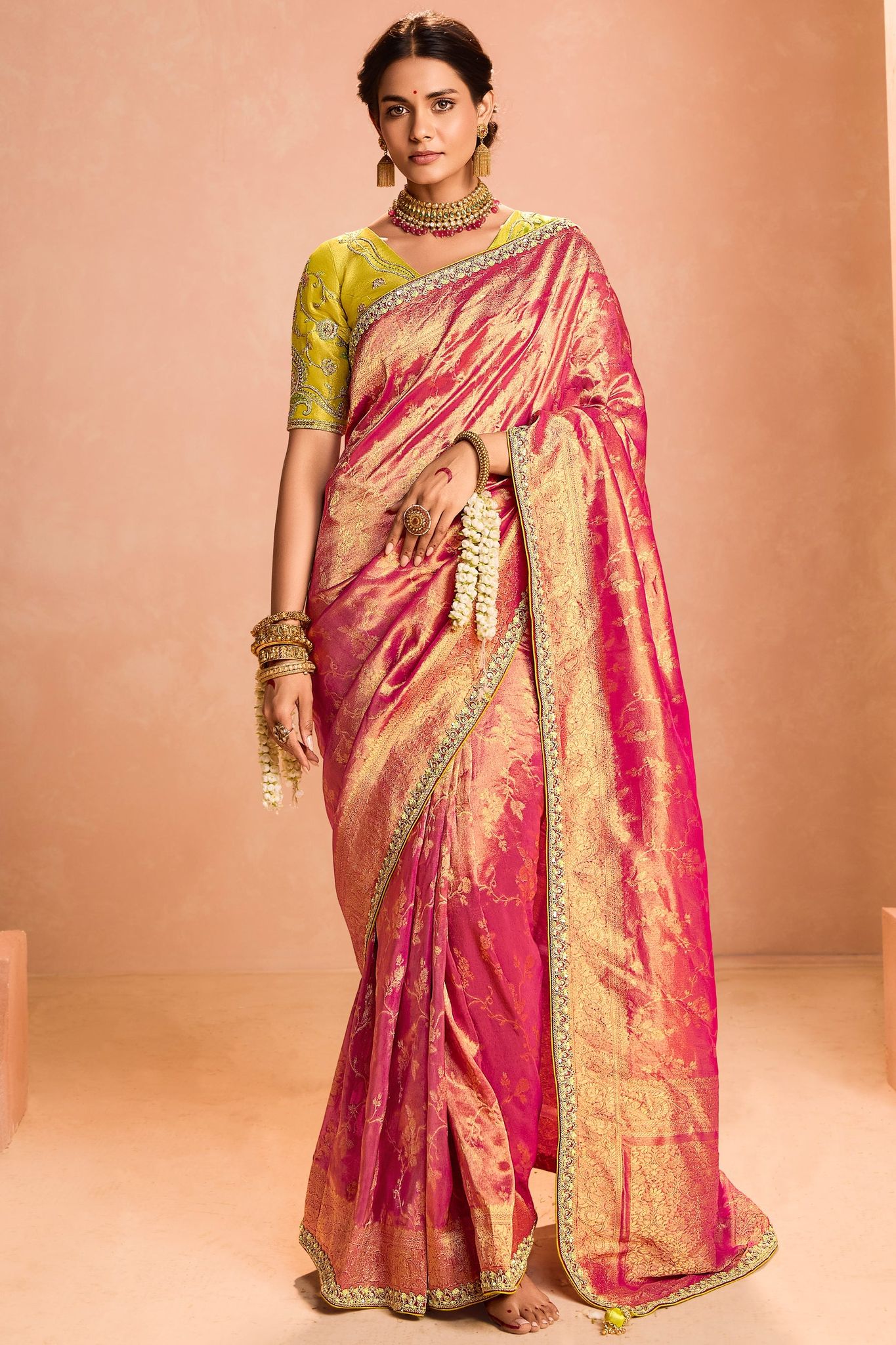 Pink Tissue Silk Saree with Zari Work
