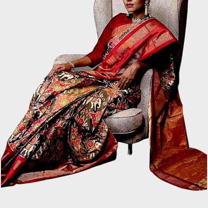Pochampally Ikkat Silk Tissue Black Red Saree