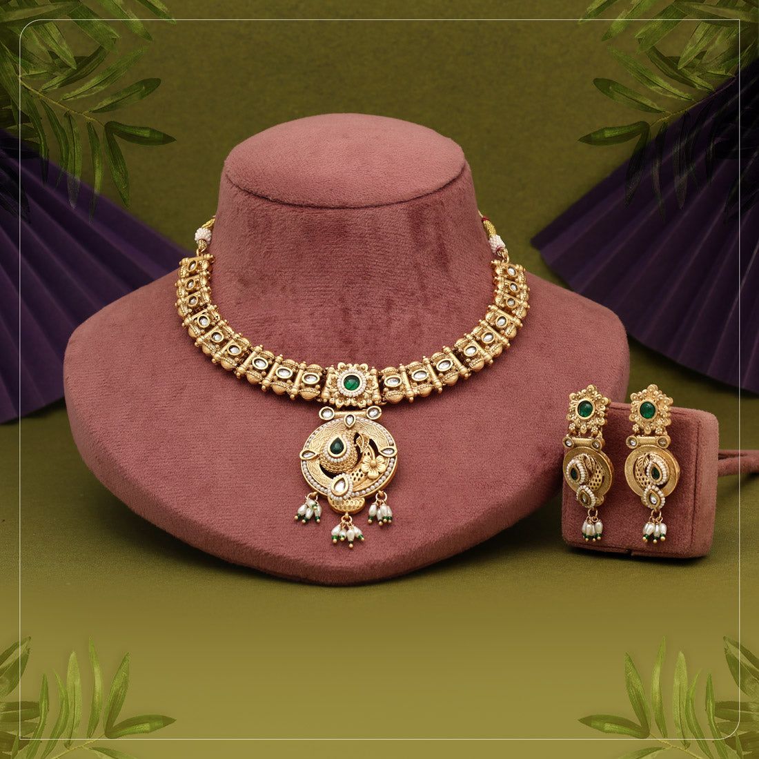 Green Color Matte Gold Rajwadi Temple Necklace Set-Default Title / Green / Alloy With Good Quality Matte Gold Plated