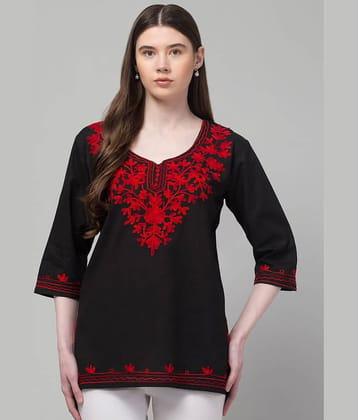 OMAYA Women Cotton Embroidered Straight Kurti ( Black )