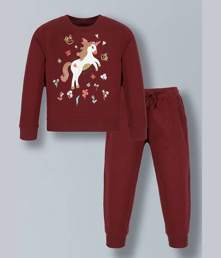 PLUM TREE Pack of 1 Girls Cotton Sweatshirt With Joggers ( Burgundy )