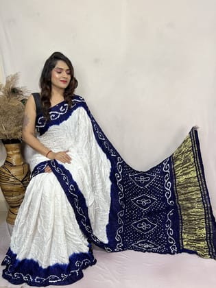 Heavy Ghazi Silk White Concept Bandhani Saree-Blue