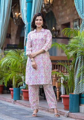 Pink & Purple Floral Print Shirt Style Kurta Hem Cuffed Pant Set-M