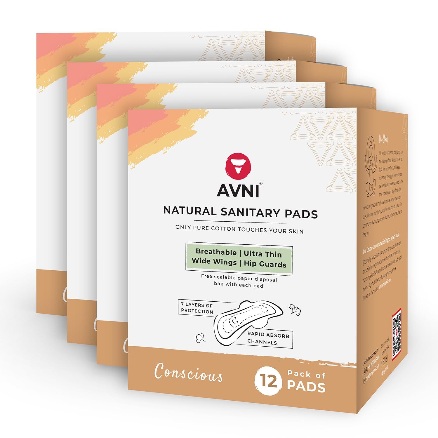 Avni Natural Ultra - Thin Rash Free Cotton Sanitary Pads | Pad Quad Combo - 12 X 4 (48 pads) | Suitable For Normal-Sensitive Skin for Women